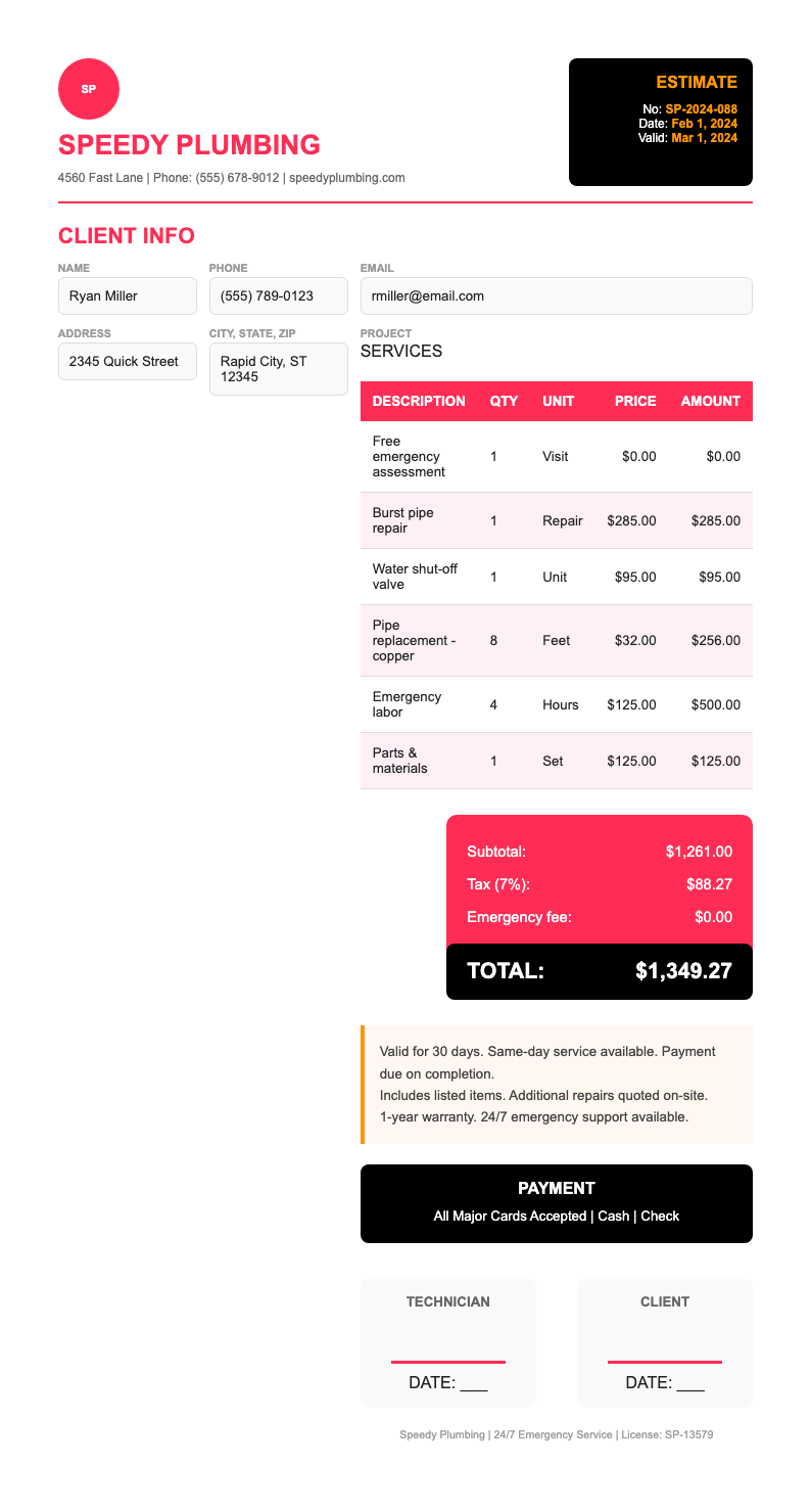 Clean Invoice free plumbing estimate form